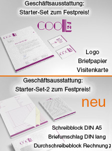 Zwei Starter-Sets für Ihre Kommunikation: 1. Logo, Layout Briefbogen, Layout Visitenkarte 2. Layout Durchschreibesatz Rechnung DIN A4, Layout Schreibblock DIN A5, Layout Briefumschlag DIN lang