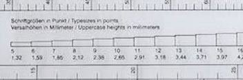 Ausschnitt aus einem Typometer-Aufdruck mit Skalierung für die Schriftgrößen-Ermittlung