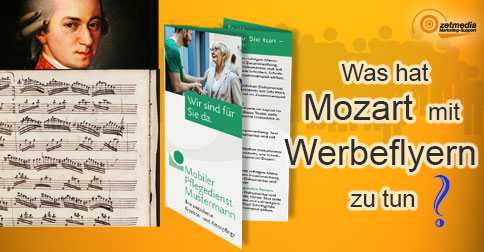 Ein Porträt von Mozart über einer Partitur-Ansicht. Daneben die Darstellung eines Werbeflyers in Zickzack-Falzung